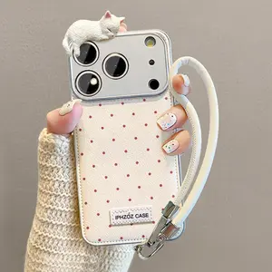 Cute 3D Sleeping Cat Polka Dot Phone Case | Milky White Leather Texture Protective Cover with Wrist Strap | Shockproof & Scratch-Resistant Design | Compatible with iPhone 17/16/15/14/13 Pro Max | Trendy Cute Style Accessory