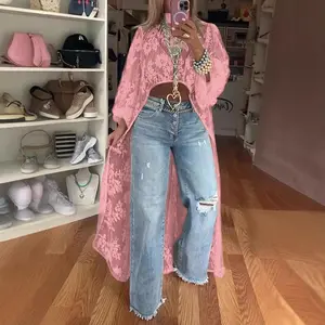 Plus Size Women’s Fashion Spring/Summer Lace Floral Front Short Back Long Top Shirt — Sky Blue Pullover Blouse with Horn Sleeves