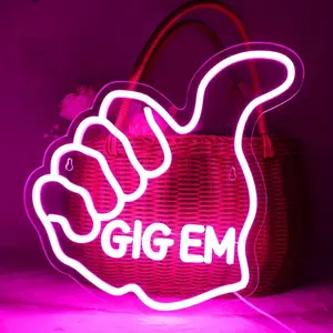 GIG EM Neon Sign, Cool Finger Gesture Neon Sculpture Wall Decor, Neon Sign for Bedroom for Man Cave Christmas Holiday Gift