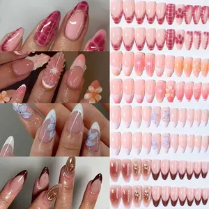 96pcs Medium Almond Press-On Nails, 3D Gel Petal Design Leopard Print, Short Acrylic Tips, Glossy Finish, for Women and Girls