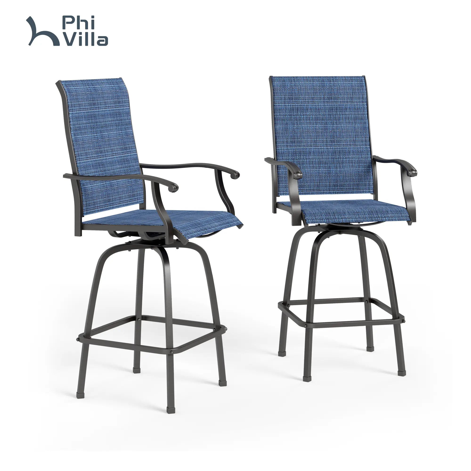 PHIVILLA Swivel Outdoor Bar Stools with High Back and Armrest, All-Weather Patio Furniture, Brown Color Chairs Round