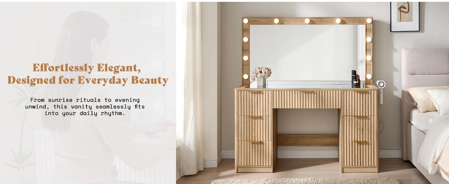 AMERLIFE 36.2/47.2" Fluted Vanity Desk with Mirror and Adjustable LED Lights, Large 4/7 Drawers Makeup Table with Glass Top and Charging Station for Women and Girls, Bedroom or Dorm/Best Gift Ideas/Christmas Gifts