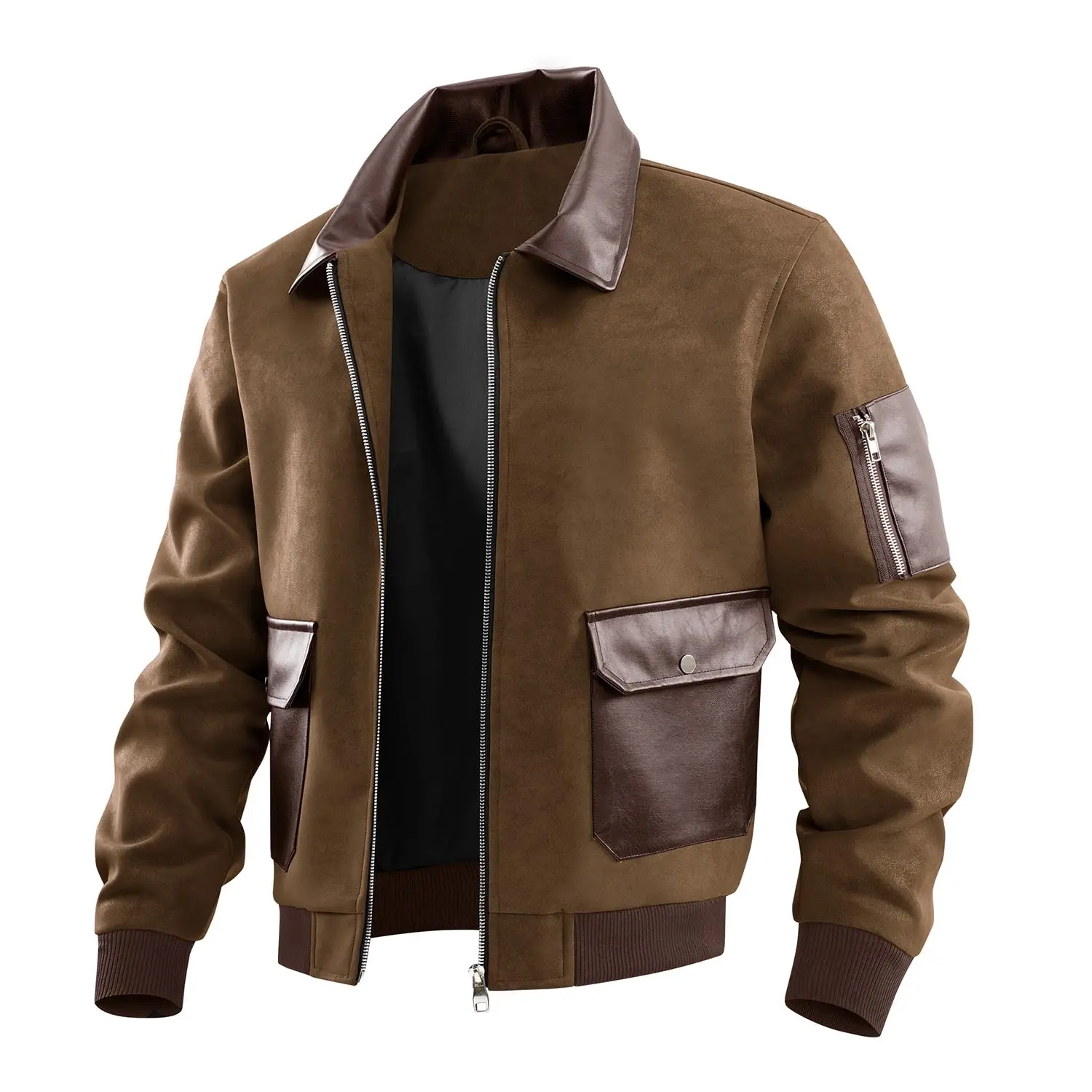 Men’s autumn/winter jacket with notched lapel, American workwear style, leather paneling, multiple pockets, cropped length—trendy casual aviator outerwear for young and middle-aged men.