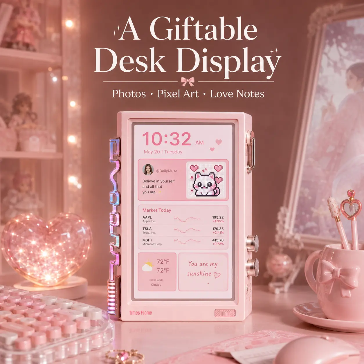 Divoom Times Frame 10.1 in Pink Smart Desk Display, Cute WiFi Digital Photo Frame with Transparent IPS Screen, 64GB Storage, RGB Ambient Light, Pixel Art & Remote Photo Sharing