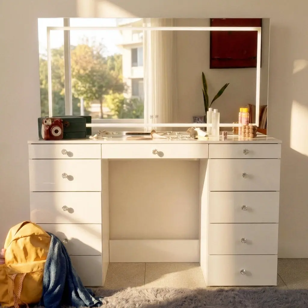 Nocapfurniture Isabella Luxe Vanity with Bluetooth Speakers, Smart LED Mirror, Power Hub, Crystal Knobs, Jewelry Organizer, and Expansive Dimensions
