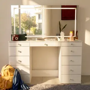 Nocapfurniture Isabella Luxe Vanity with Bluetooth Speakers, Smart LED Mirror, Power Hub, Crystal Knobs, Jewelry Organizer, and Expansive Dimensions