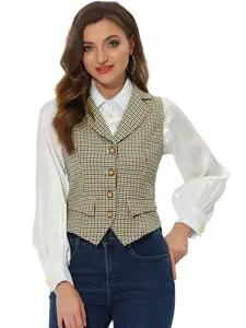 INSPIRE CHIC Women's Plaid Waistcoat Notched Lapel Collar Single Breasted Vintage Vest