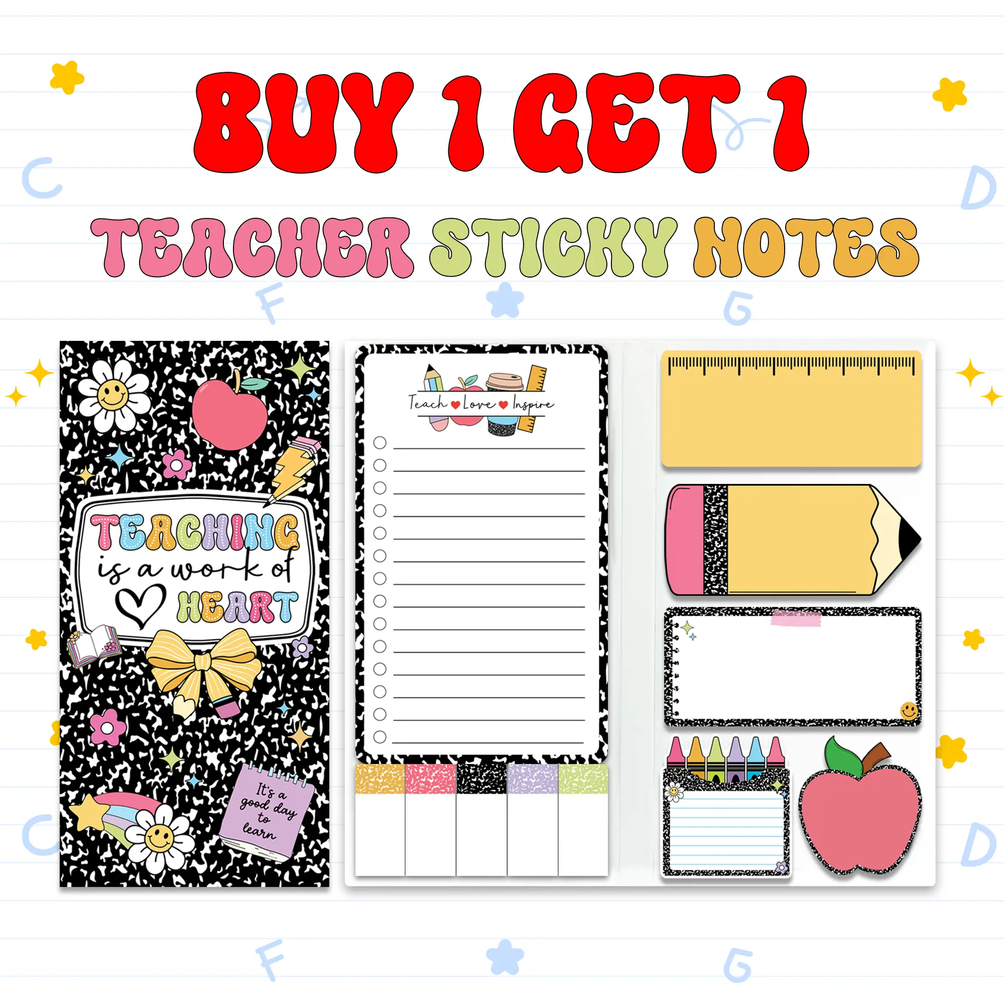 BEAWART “Teaching Is A Work of Heart” Teacher Sticky Notes Set 2026 Updated, 5 Designs to Choose, 440 Sheets With 11 Styles, Cute Classroom Supplies & Teacher Appreciation Gift, Memo Pads For School & Office Use