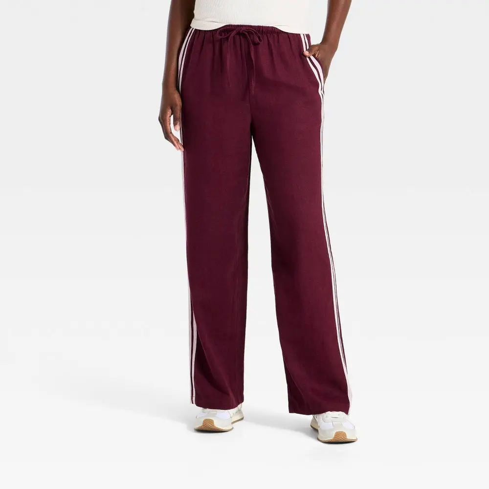Women's Linen Blend Sport Pants - Athletic Look, Pull-On Wear, Side Stripes, Universal Thread Burgundy