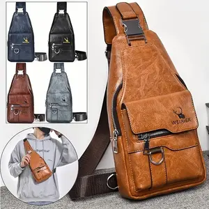 Men's New PU Leather Vintage Casual Simple Chest Bag Crossbody Large Capacity Multi-compartment Waterproof Durable Shoulder Bag for Outdoor Cycling Sightseeing Tourism Camping Shopping Work Fathersdaygift
