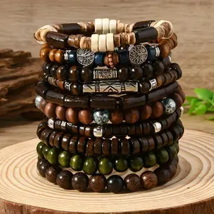 10PCs boho chic wooden bead bracelet set for men & women-vintage style couples' gift