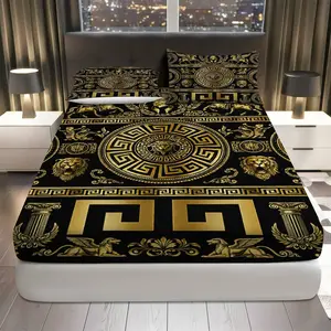 3Pcs Luxury Baroque Gold Fitted sheet Three Piece Set (1*Fitted Sheet+2*Pillowcases, Coreless), Festive theme, Elegant Design Bedding Set, Mattress protector Soft, Breathable