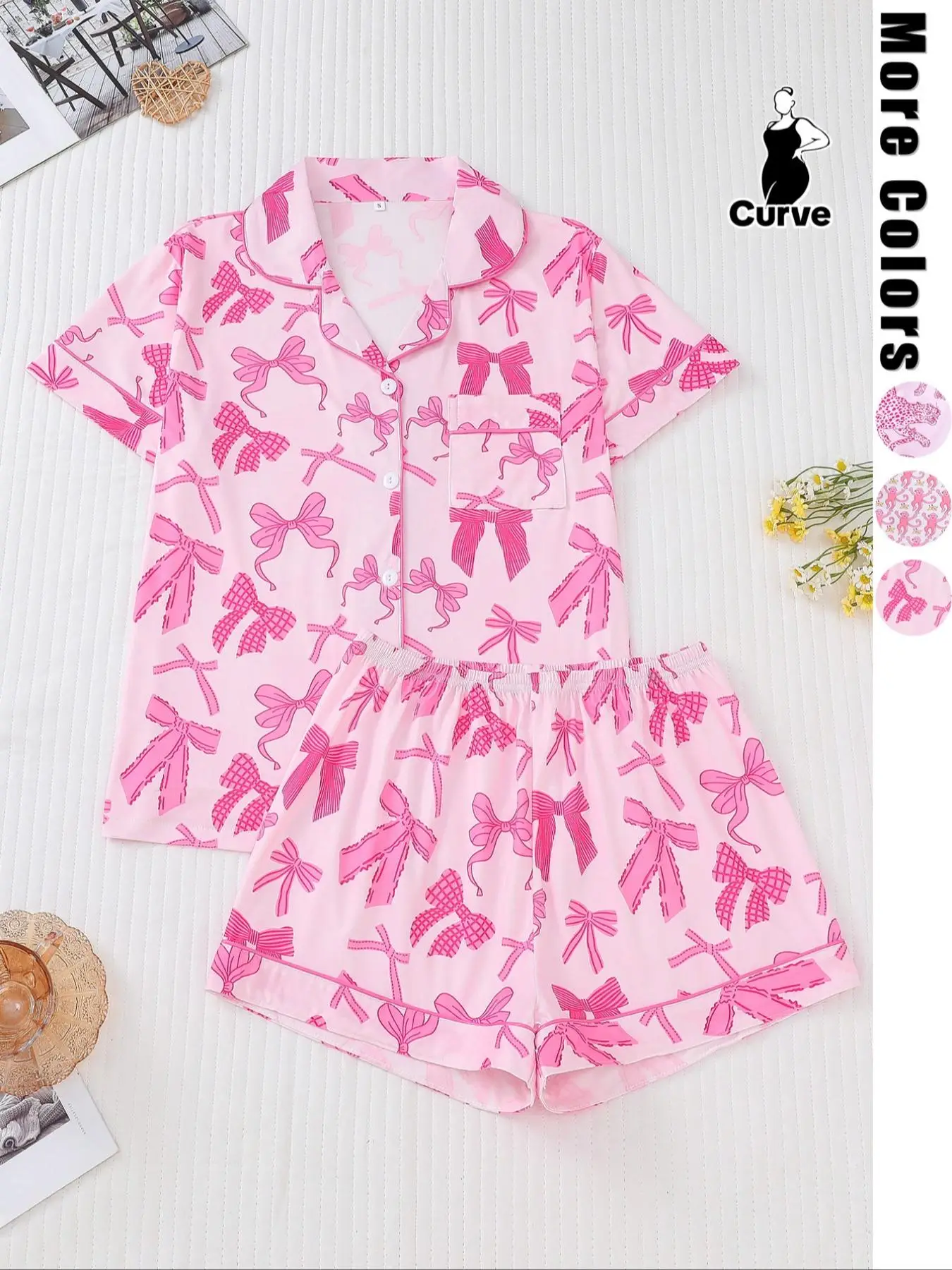 【Plus Size】Women's Pajama Set, Cute Bow Print, Comfortable Lapel Button Short Sleeve Top & Elastic Shorts, Casual Home Wear