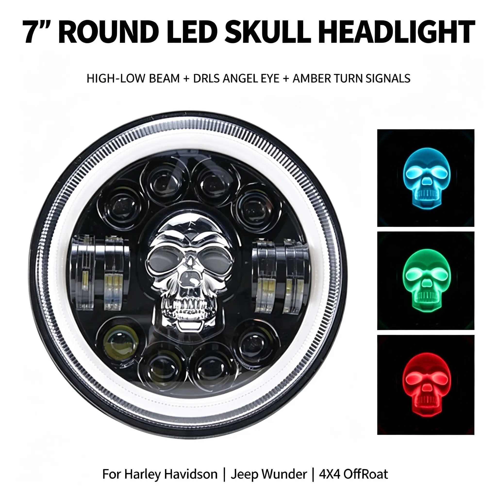 7-inch round LED skull headlight, high and low beam lights, daytime running lights (DRL) angel eyes, amber turn signal LED headlight, motorcycle headlight replacement, compatible with Harley-Davidson, Jeep Wrangler, and off-road 4x4 vehicles