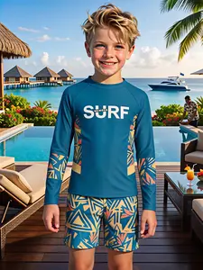 Summer UV-Protective Surfing Two-Piece Set for Boys: Tropical Geometric Print Sun-Protective Top + Quick-Dry Shorts—Soft, Breathable, and Perfect for Summer Beach Outings and Swimming Lessons