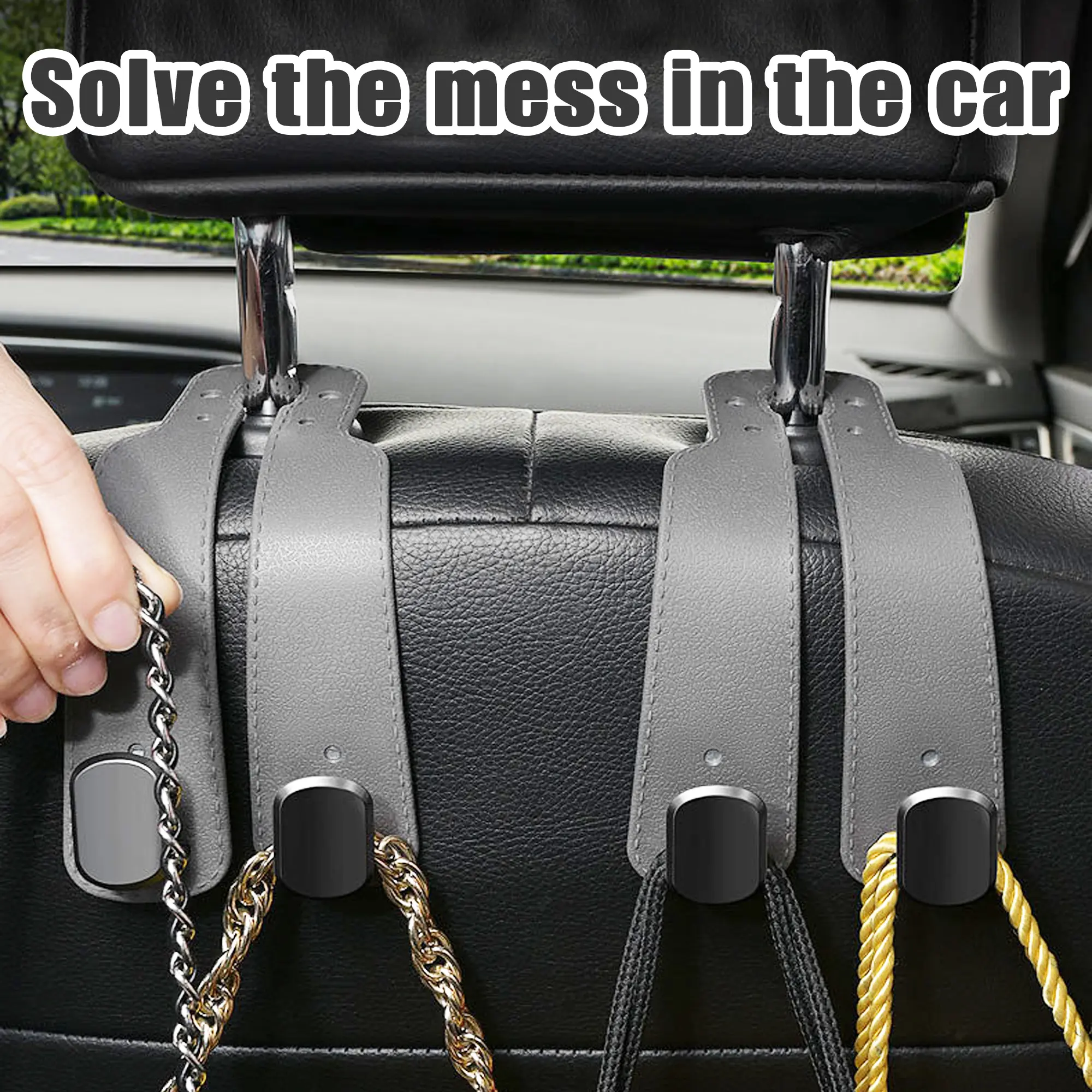 4-Count Car Seat Back Storage Hooks, Durable Leather Iron Organizing Hooks for Trucks, 360° Headrest Use, 55lb Load Capacity, No-Tools-Install Interior Stowing & Tidying Kit