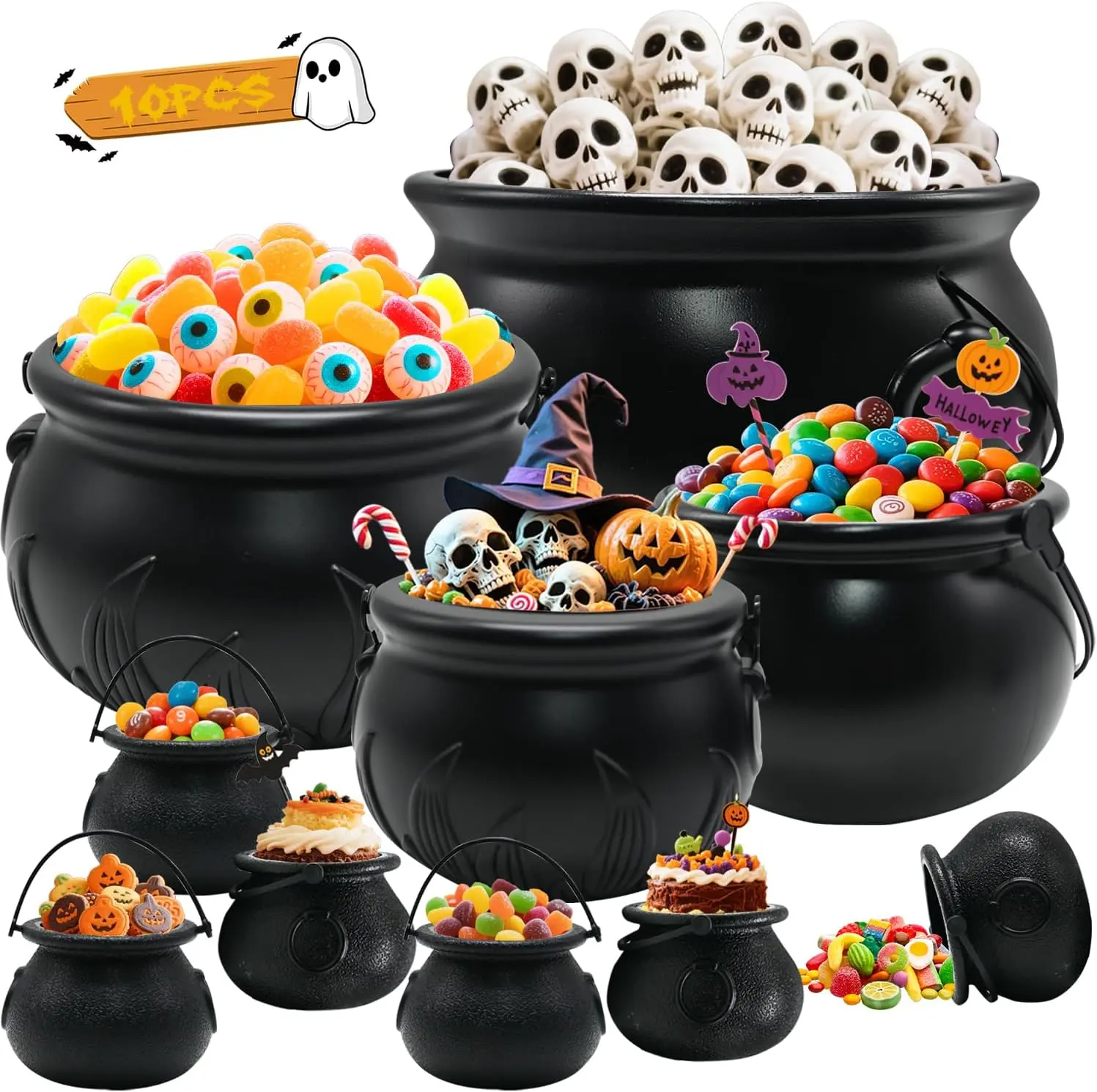 Witch Cauldron Halloween Decoration, 10 in 1 Package Large Black Plastic Candy Bowl Set, Cauldron Kettle Candy Holder Containers for Halloween Party Decor & Trick-or-Treat Bowl