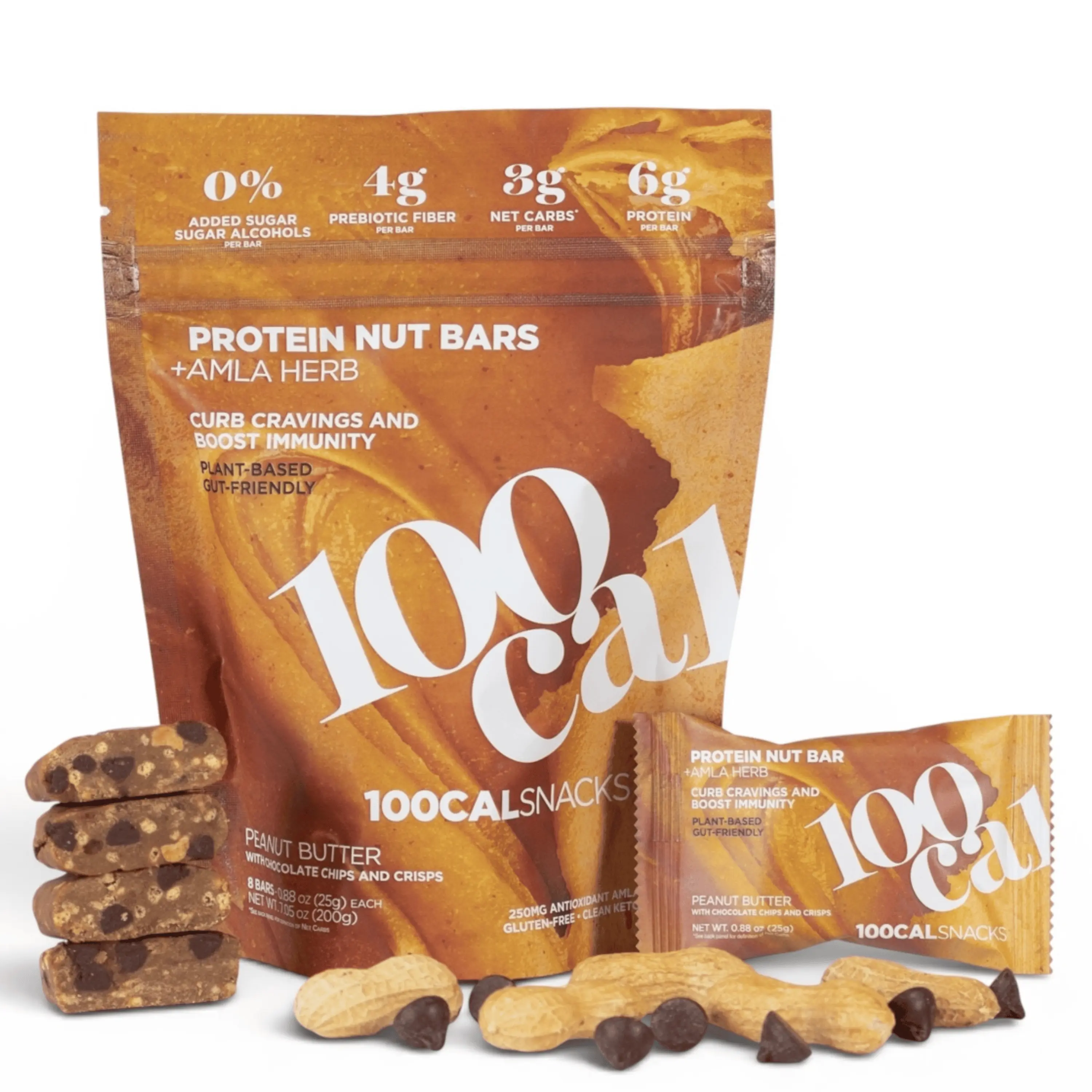 100Cal Snacks Peanut Butter Chocolate Chip - Gut and Brain Plant Protein Bars - High Protein, High Fiber, Zero Added Sugars, Gluten Free Energy Bars