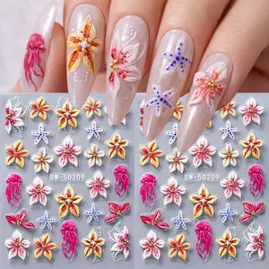 2 Pcs Embossed Flower Nail Art Stickers, Flower Design Nails, Vibrant Lily Floral Spring Decorations, DIY Nail Decals for Women and Girls