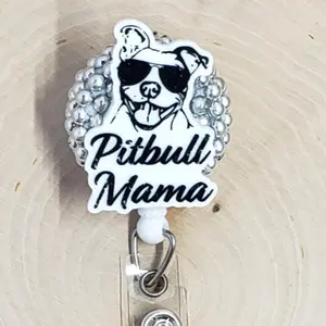 Pitbull Mama Retractable ID Badge Reel | Pit Bully Bulldog Pittie Veterinarian Vet Tech Animal Shelter Canine Dog  | Teacher Nurse MD Doctor Medical Hospital Healthcare Badge Holder