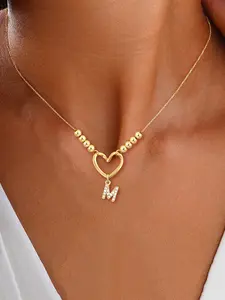 Heart-Shaped Zirconia Initial Pendant Necklace for Women, Heart Design Necklace, Stainless Steel Chain, Casual Style, Letter Necklace, All Seasons Jewelry