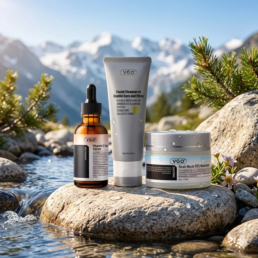 VGO 3-Step Daily Skincare Set - Lightweight, Hydrating Smooth Skin Routine with Snail Mucin Cream, Cleanser, Facial Serum & Vitamin C Face Care Products for All Skin Types (Evening Use), 24 Months