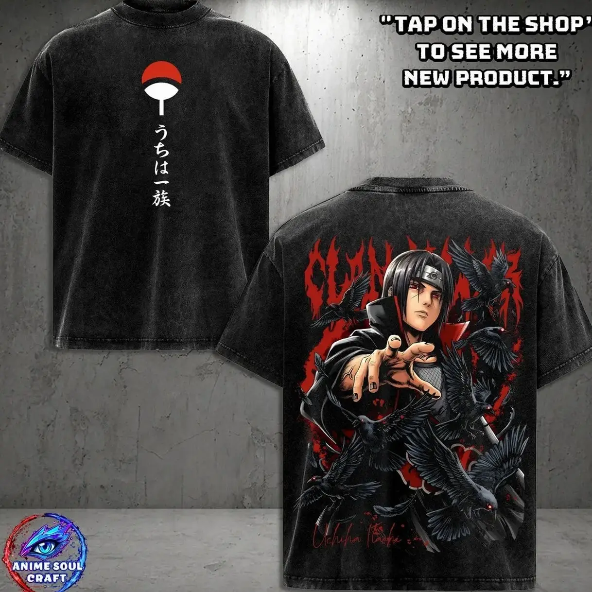 Itachi Sharingan - Naruto Anime Double Printed Washed Tee Unisex Oversize Anime Manga Washed Cotton T-shirt, anime inspired tee Fabric Menswear TYN