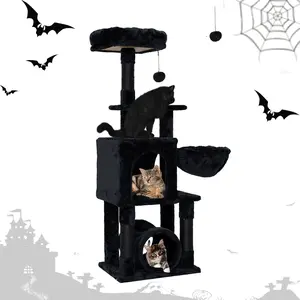 Black Multi-Level Cat Tree Tower for Indoor Large Cats Spacious Plush House with Scratching Posts Tunnel Perch Basket Kitten Climb Vertical Scratcher Home