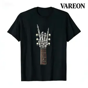 Skeleton Hand Rock On Guitar Graphic T-Shirt, Heavy Metal Rocker Tee, Casual Cotton Top for Guitar Players & Music Lovers Tshirt Streetwear Tropical Crewneck Shortsleeve