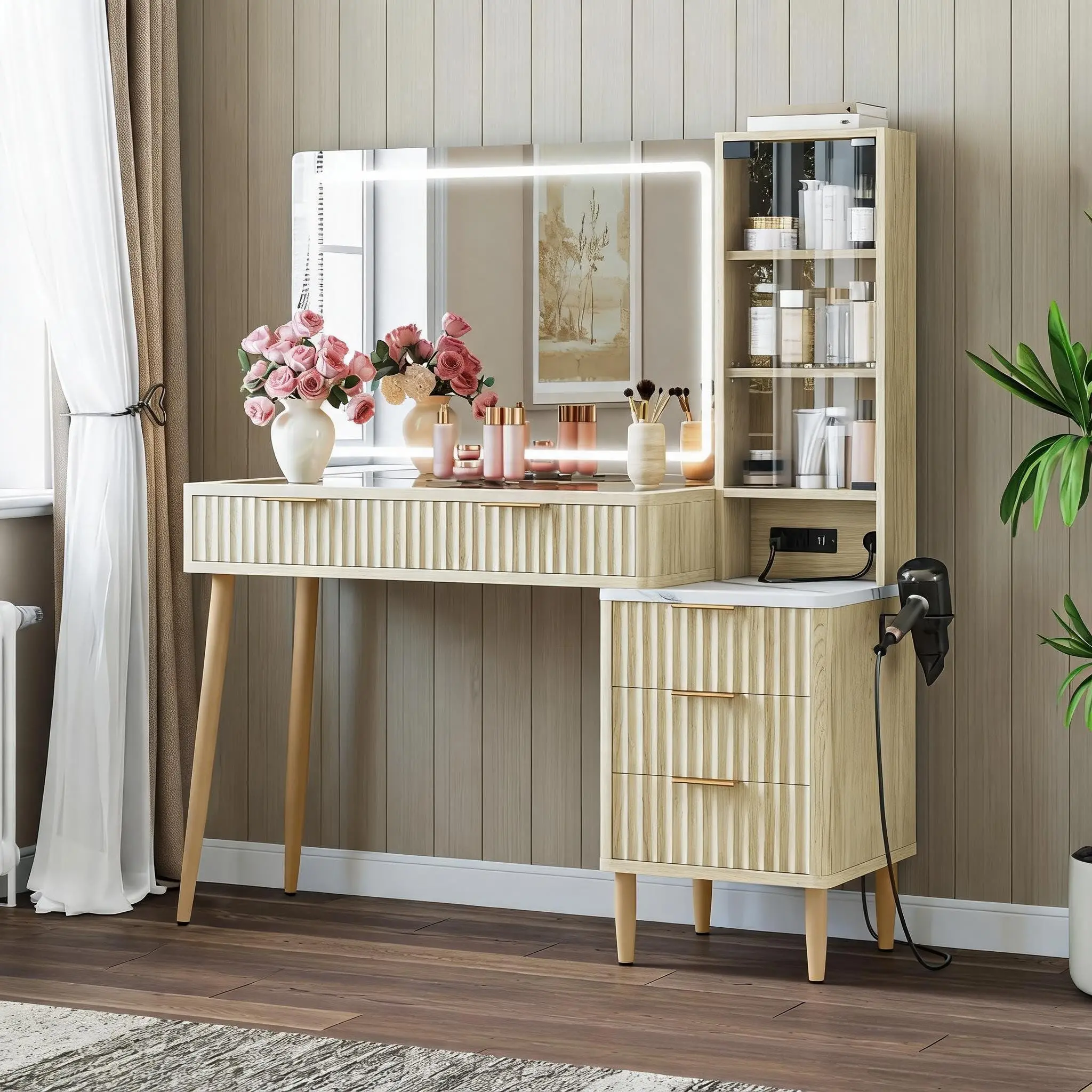 Fluted Makeup Vanity Desk with 36" Lighted Mirror, Modern Glass Top Wood Dressing Table with Charging Station, 5 Drawers & Open Shelves 3 Color Modes Luxury Vanity Table for Bedroom, Oak
