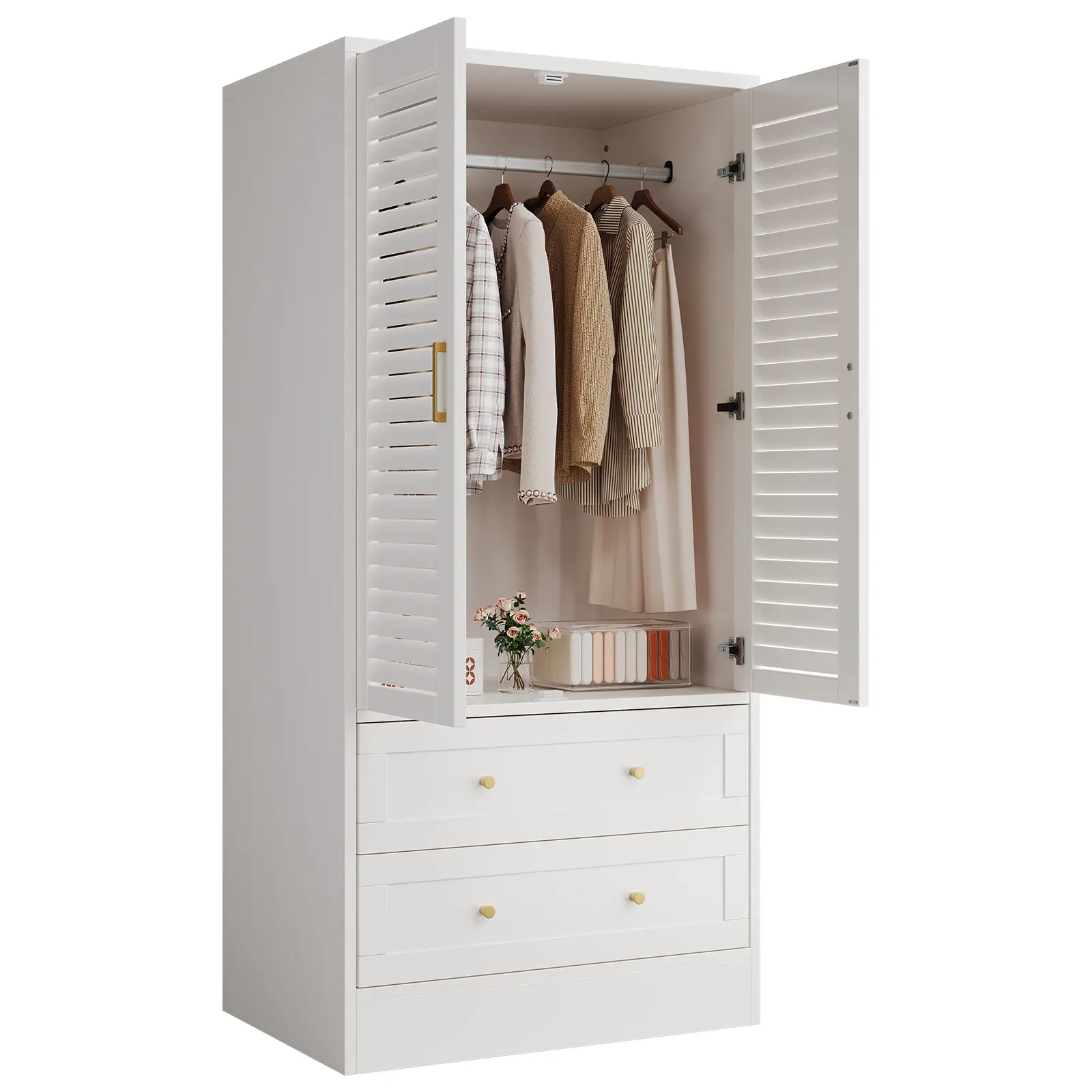 65-inch Modern Wooden Armoire - Black Wardrobe Closet with 2 Doors, 2 Drawers, Hanging Rod, Stylish and Practical Storage for Bedroom, Busy Households, Wrinkle-Free Clothes Organizer, Assembly Required Storage Rack