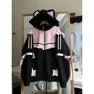 Women’s Japanese-Style Sweet Y2K Hooded Coat/Cardigan Jacket — Thick Velvet, Color-Matching Panel Design for Autumn and Winter