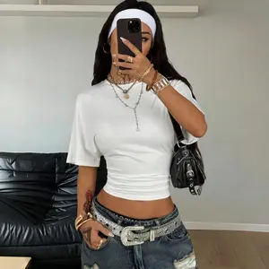 TCVC Women's Summer Minimalist Y2K Basic Daily Wear Casual Back To School Streetwear Stretchy White Loose Ruched Crop Tees Shortsleeve