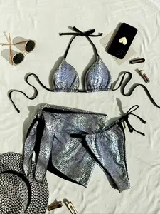 Women's Snakeskin Print Halter Bikini Set, Casual Fashion Triangle Swim Bra & Tie Side Thong & Knot Cover Up Skirt , Women's Swimsuit for Beach Vacation for Summer 2024, Triangle Bikini Sets