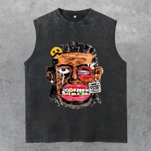 Y2K Street Batik Pattern Washed Tank Top, Gym Essential, Vintage Casual Crewneck Short Sleeves Menswear T-shirts Classic Cotton Fabric Streetwear