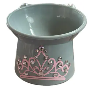 Rhinestone Tierra Decorative Elevated Tilted Bowl For Cats Made Fur Royalty Gray Bowl With Pink Crown Smart Cute Gift Pet Bowl Cat Stuff