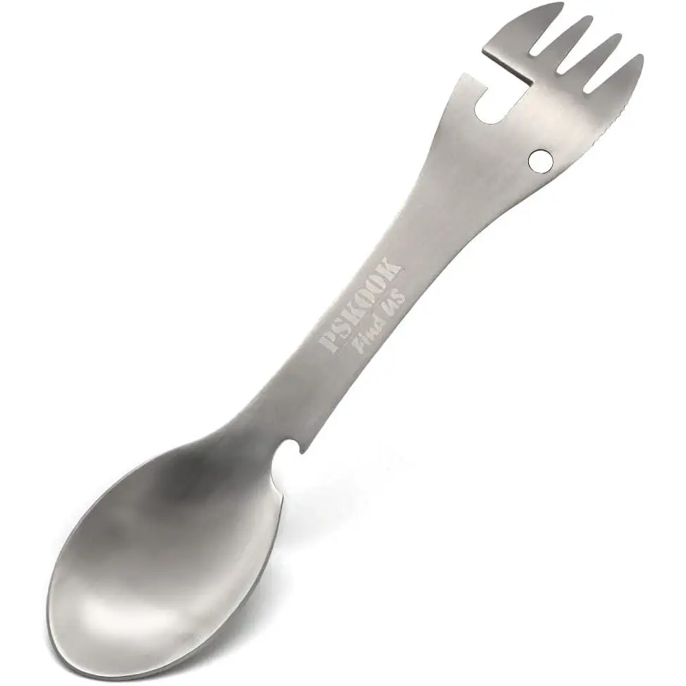 5-in-1 Utility  Spork, Stainless Steel Spoon & Bottle Opener, Fork & , Can Opener Combo Camping Utensil for Hiking, Camping or Backpacking (Matte Silver)