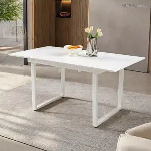 Adjustable Modern Extendable Square Dining Table - MDF Top, Metal Legs, White, Space-Saving Outdoor Patio Furniture for Living Room/Kitchen (70.86" W x 31.5" D x 29.5" H) WL RR