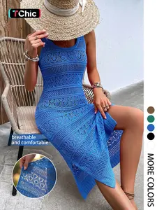Women's Elegant Chic V-Neck Sleeveless Dress, Party Dresses, Casual Summer Beachwear, Hollow Out Pattern, Split Thigh Design, Fitted Long Dress Womenswear