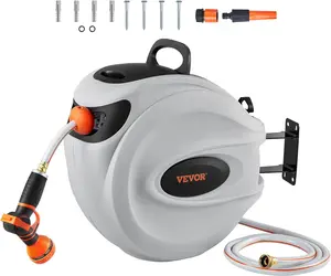 VEVOR Automatic Rewind Retractable Hose Reel with 9-Pattern Nozzle,Lock at Any Length,and Slow Return System - 115'x1/2"