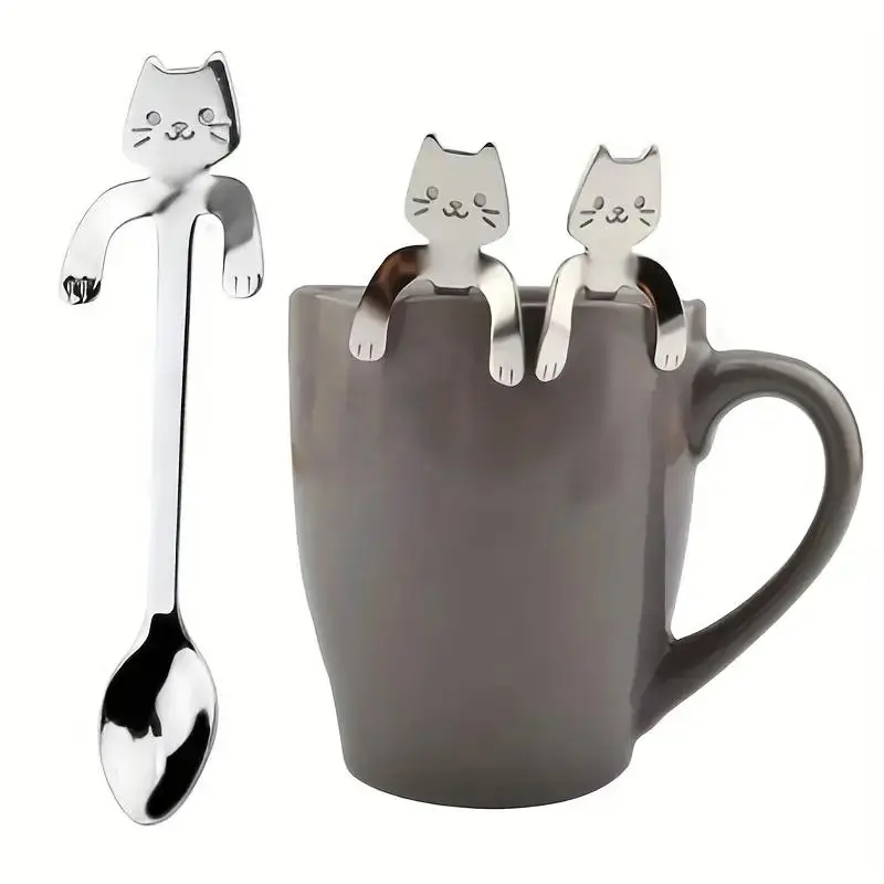 Cat Design Coffee Spoon, 1/3 Counts Cute Long Handle Coffee Stirring Spoon, Stainless Steel Spoon for Tea Dessert Coffee Milk