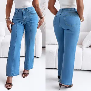 ChicMe Seam Front High Wait Straight Leg Denim Pants Casual Zipper Fly Jeans With Pockets