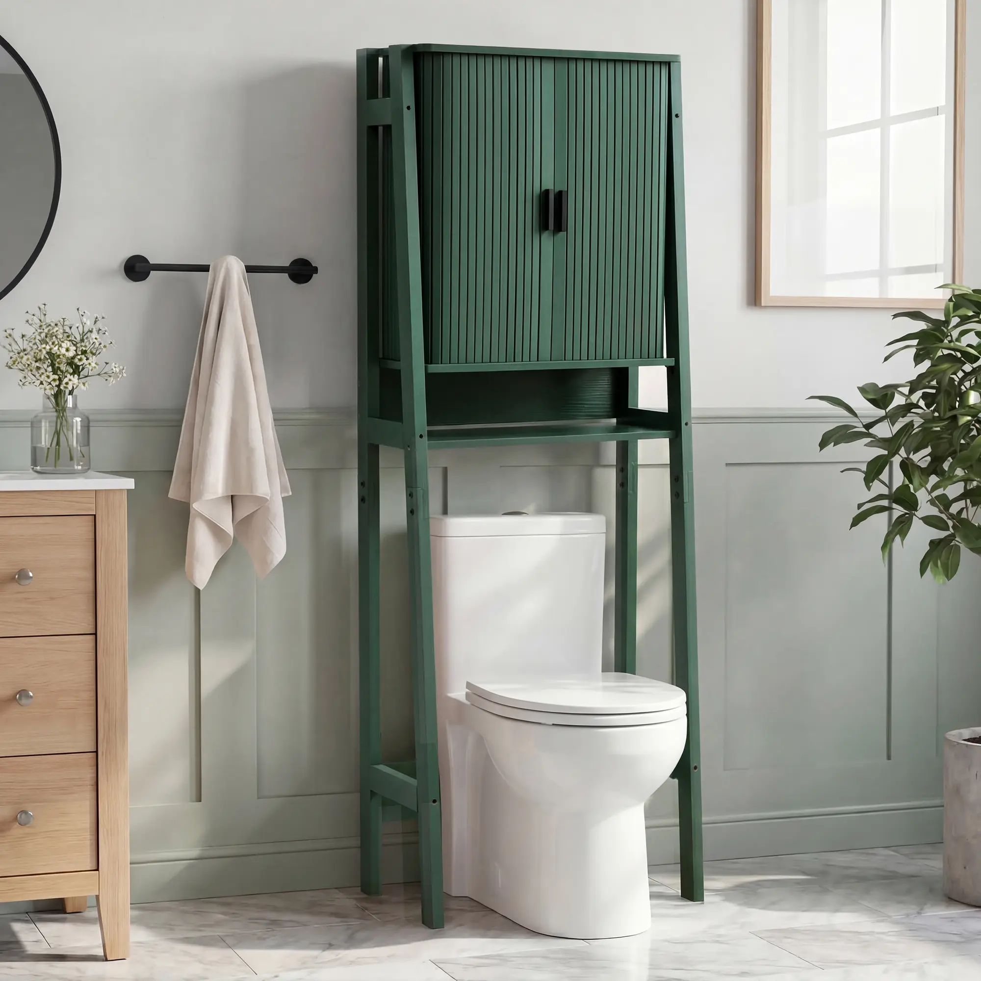 Giratree Over-Toilet Tall Cupboard - Sturdy Freestanding Bathroom Clever Storage Furniture, Compact Design for Small Spaces, Fluted Sliding Doors, Adjustable Shelf, Anti-Tip Kit, Assembly Required, 43 lbs Capacity, Bath Decor