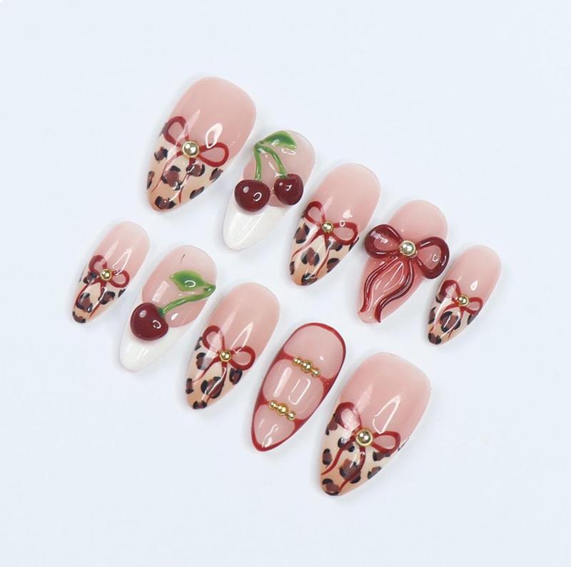 Press On Nails Wild Cherry Leopard | 3D Bow & Cherry Accents in Medium Almond | Handmade Bold Nail Art for Holiday, Party, Birthday