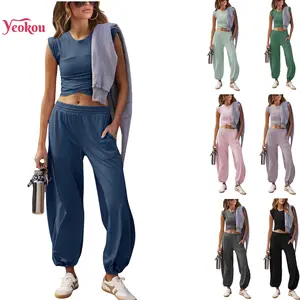 Yeokou Womens Two Pieces Outfits Casual Lounge Sets Cropped Tops Sweatpants Tracksuit with Pockets