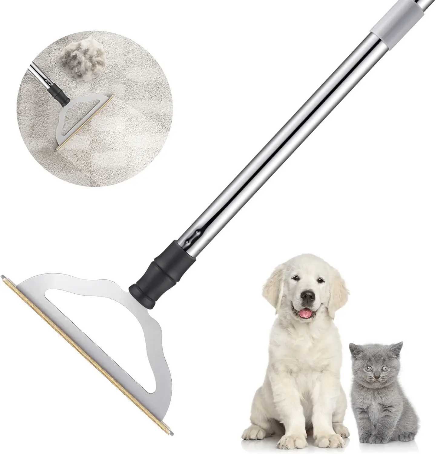 47“ Adjustable Long Handle Carpet Rake Pet Hair Remover, Dog & Cat Hair Remover