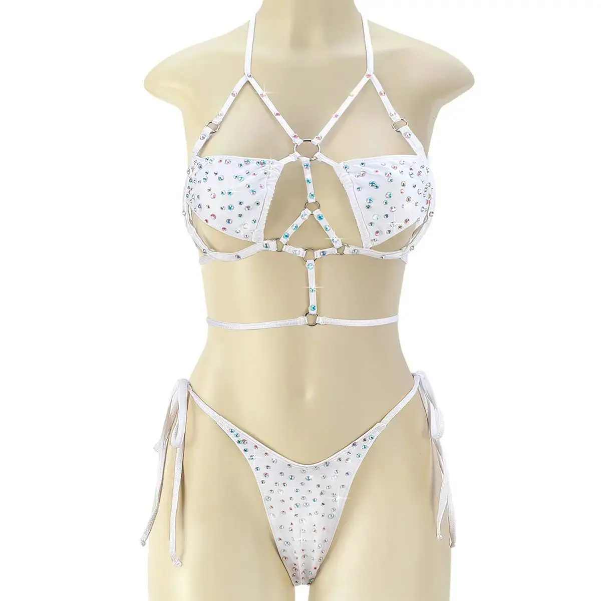 Pleaser Raven-05RS Women's Rhinestone Caged Harness Two-Piece Dance Set White