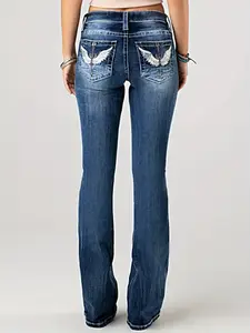 Womens Flared Pants with White Wing Embroidered Back Pockets, Retro Elastic Slim Fitted Bell Bottoms Jeans, Womenswear Flare Jeans Suitable Fall Jeans