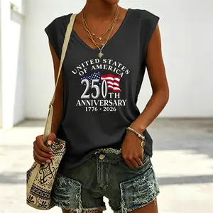 Casual Vneck Sleeveless White Tshirt with American Flag 250th Anniversary Print, Perfect for Home, Outdoors, or Gifting| Ideal for Valentine's Day, and More
