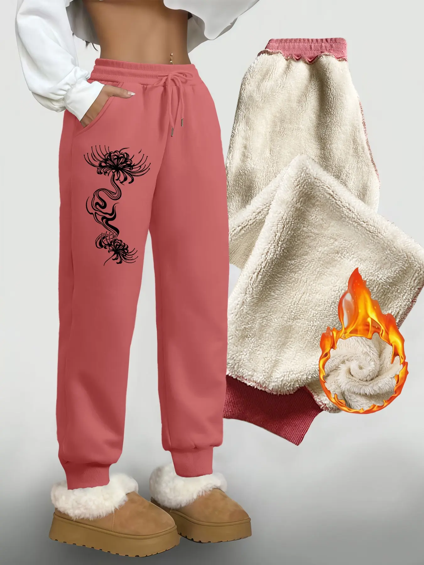 Women's Fleece Lined Long Fitted Pants, Casual Floral Drawstring Waist Thick Warm Winter Trousers, Plain Lamb Fur Joggers with Pockets, Bottoms